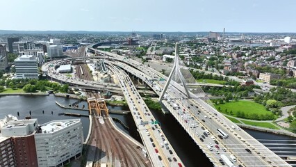 Drone shot of traffic building up on Boston's bridges.