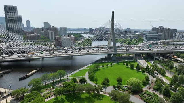 Wide drone shot of The Zakim bridge in downtown Boston, Massachusetts.