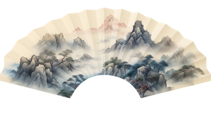 Chinese folding fan Chinese mountains. Isolated on Transparent background. - obrazy, fototapety, plakaty