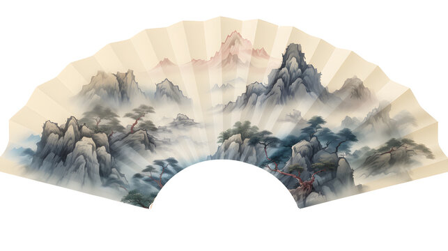Chinese folding fan Chinese mountains. Isolated on Transparent background.