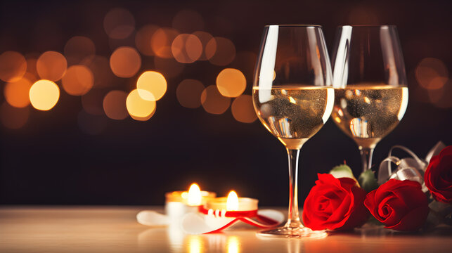 Valentine's day celebrate on two sparkling wine glasses decorated of red rose candle light with night light bokeh background with copy space.