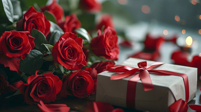Gift box and red roses bouquet for Valentin's day celebrate with copy space.