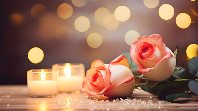 Romantic scene of Valentine's day with rose and candle light on table night light bokeh background with copy space.