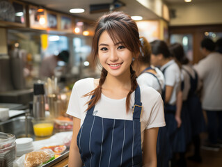 Smiling young Japanese woman waitress. She is wearing a uniform. 