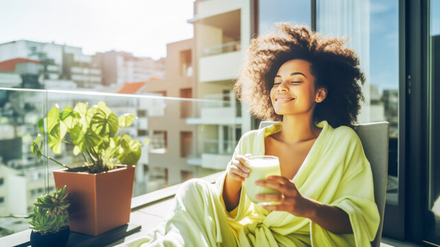 Happy afro american woman in housecoat lies relaxed with glass of smoothies in his hands on sustainable balcony with potted plants overlooking city. Concept of health, relax, self care and me time