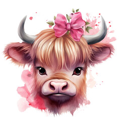 Cute Highland Cow, Valentine's Day watercolor, Generative AI