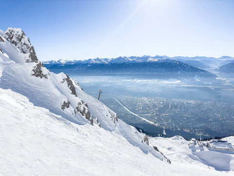 Austria, Tyrol, View from snowcapped peak ofHafelekarspitze