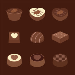 Collection of vector chocolate elements on brown background. Valentine's Day chocolate decorative elements.