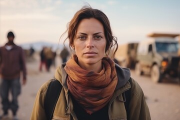 Portrait of a young woman in the middle of a desert.