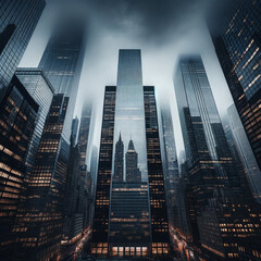 Fototapeta na wymiar Majestic Urban architecture: Foggy Twilight over the City Skyscrapers