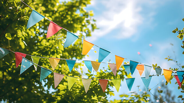 colorful pennant string decoration in green tree foliage on blue sky, summer party background template banner with copy space