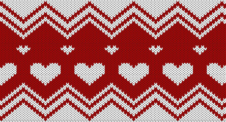 White heart on red knitted design, Festive Sweater Design. Seamless Knitted Pattern