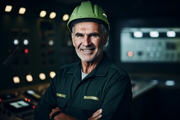 Portrait of a smiling mature engineer standing with arms crossed in a factory.