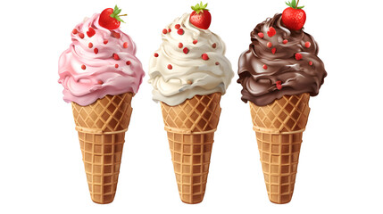 Chocolate, vanilla and strawberry Ice cream with topping in the cone on transparent background