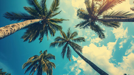 Fototapeta na wymiar low angle shot of palm trees and blue sky with clouds