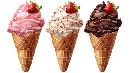Chocolate, vanilla and strawberry Ice cream with topping in the cone on transparent background