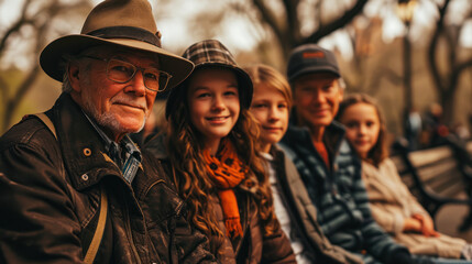 Happy grandfather, sitting on a bench in the spring park, with his family, children and grandchildren