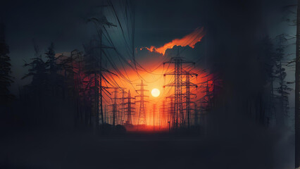 the sun is setting behind many power lines, a stock photo , shutterstock contest winner, shock art,...