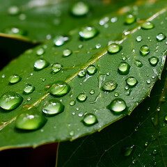 Fototapeta na wymiar Macro of Water Droplets on Leaves