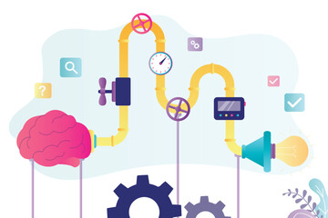 Brainstorming, pitching ideas, brain generates innovative ideas. Generator pipeline and pipe system with light bulb to generate and control startup innovation.