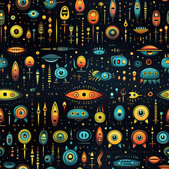 seamless pattern texture with funny cartoon characters colorful aliens in space on a black background
