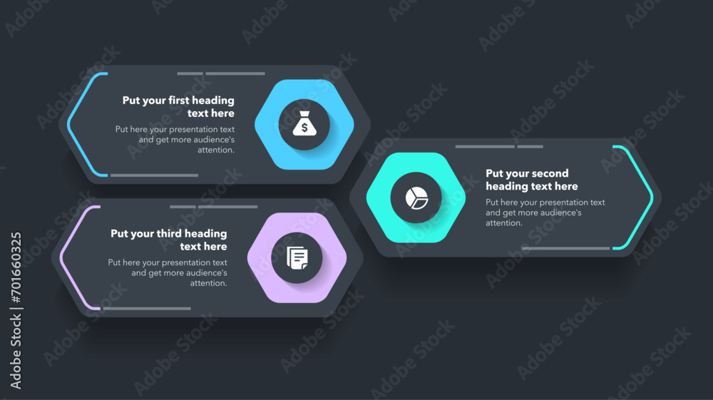 Poster modern diagram with three options with icons and a place for your text - dark version. flat infograp