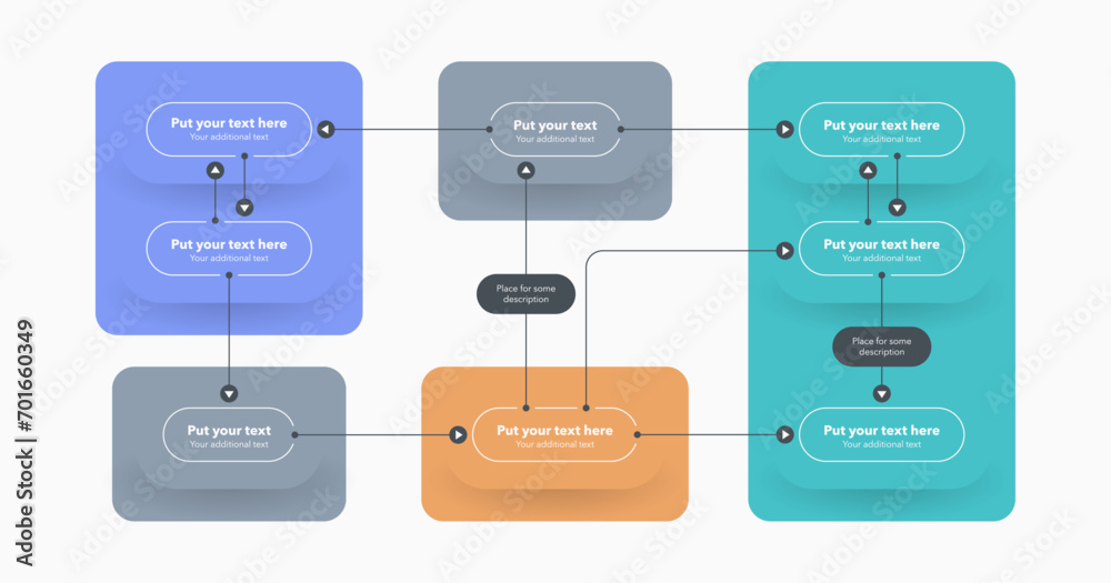 Poster Process flow diagram template with four sections. Simple infographic template for project data visualization.