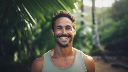 Portrait of a happy and smiling man, yoga teacher on tropical island - obrazy, fototapety, plakaty