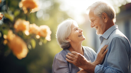 Romantic senior couple hugging each other in the garden, expressing their love - Powered by Adobe