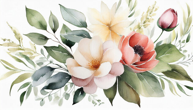 Flowers and leaves, watercolor, can be used as greeting card, invitation card for wedding, birthday and other holiday and summer background.
