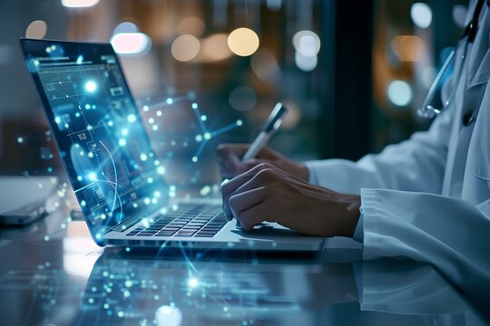 Medicine doctor writing electronic medical record of patient on laptop. Digital healthcare and network connection on hologram virtual interface, Medical technology and social network. generative AI