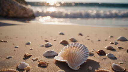 Fototapeta na wymiar Summer concept with sandy beach, shells. as summer background. AI generated image, ai
