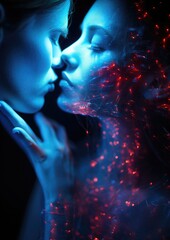 closeup of a transparent digital couple made of blue dots of light, transparent, kissing