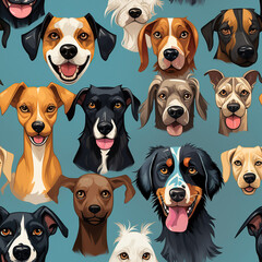 seamless pattern with dog faces on blue background in pop art style