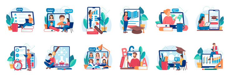 E-learning, online education at home concept. Distance education, online courses. Flat vector illustration set - obrazy, fototapety, plakaty