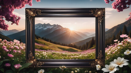  Blank picture frame in nature with a landscape view.  AI generated image, ai