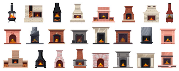 Fireplace flat icons set. Fireplaces and hearths design elements set.