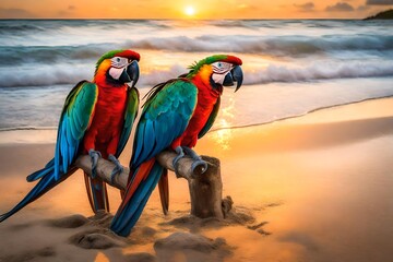 A pair of majestic Caribbean macaws, their feathers aglow in the soft sunset light, gracefully standing on the sandy shores