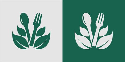 healthy food logo, emblem, sticker design with spoon,fork and leaf elements.