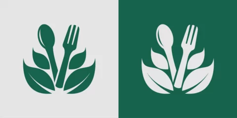 Fotobehang healthy food logo, emblem, sticker design with spoon,fork and leaf elements. © Yuliantart
