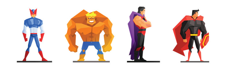 Comic Superhero Character Dressed in Costume Vector Set