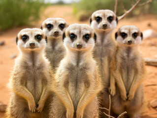 Fototapeta premium A group of playful meerkats standing alertly, displaying their curious and charming nature.