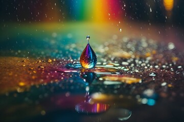 raindrop in slow motion camera settings, rainbow colors, a raindrop suspended in midair frozen in time