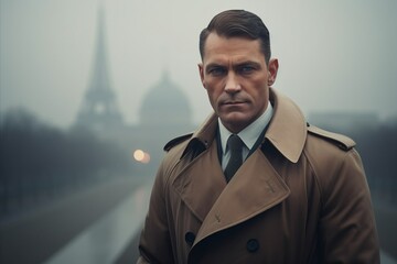 Portrait of a handsome mature man in beige trench coat standing on the street in Paris, France.