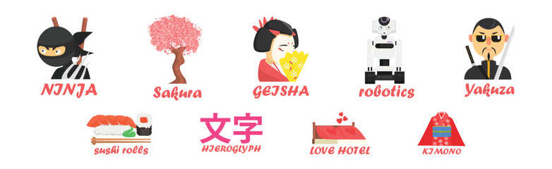 Travel to Japan Country Traditional Symbol and Object Vector Set