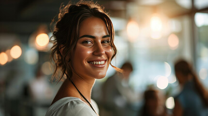 Obraz premium Beautiful young businesswoman smiling at the camera in a modern office with several blurry teams in the background