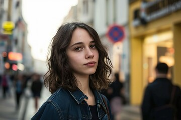 Casual Brunette Woman on Urban Street. Generative AI.