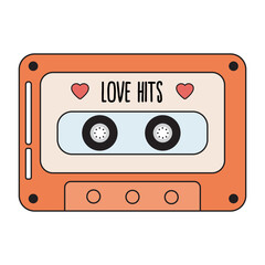 Audio cassette for tape recorder in retro style. Love hits, romantic music, ballds and songs for lovers. 60s, 70s style of audio cassette.