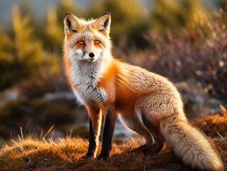 Naklejka na ściany i meble A beautiful red fox with a thick, bushy tail stands gracefully in a natural setting.