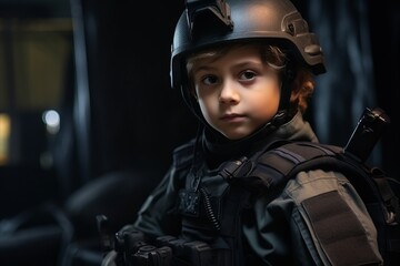 Portrait of a little boy in a military helmet with a pistol